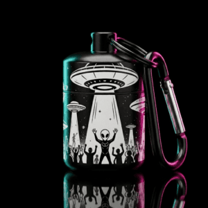Rail Riderz Alien UFO earplug case, matte black aluminum with white laser-engraved alien design, clear silicone earplugs and carabiner