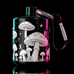 Mushroom Forest earplug case, matte black aluminum with white laser-engraved mushroom and dancing figures design, clear silicone earplugs and carabiner