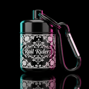 Rail Riderz Filigree earplug case, matte black aluminum with laser-engraved ornamental filigree design