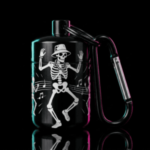 Skeleton earplug case, matte black aluminum with white laser-engraved bucket hat skeleton dancer design, clear silicone earplugs and carabiner