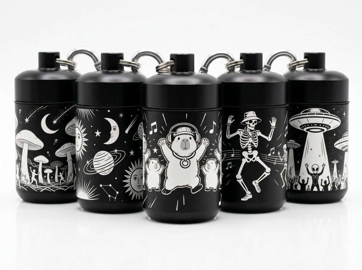 The Rail Riderz lineup of laser-engraved matte black aluminum earplug cases