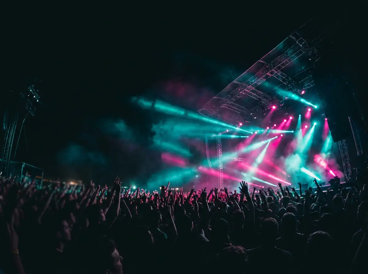 Festival crowd under teal and magenta stage lights
